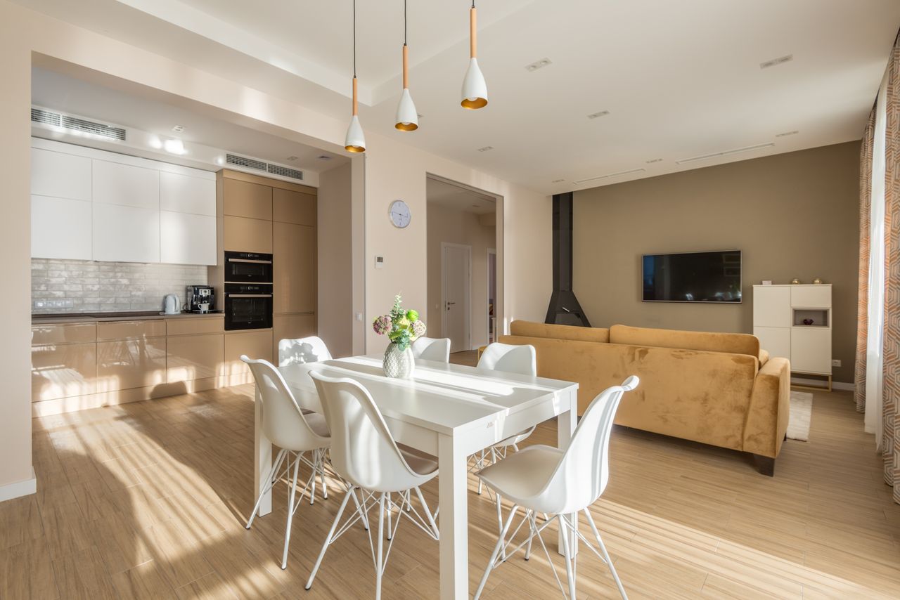 Spacious living room and kitchen with modern design and natural lighting.